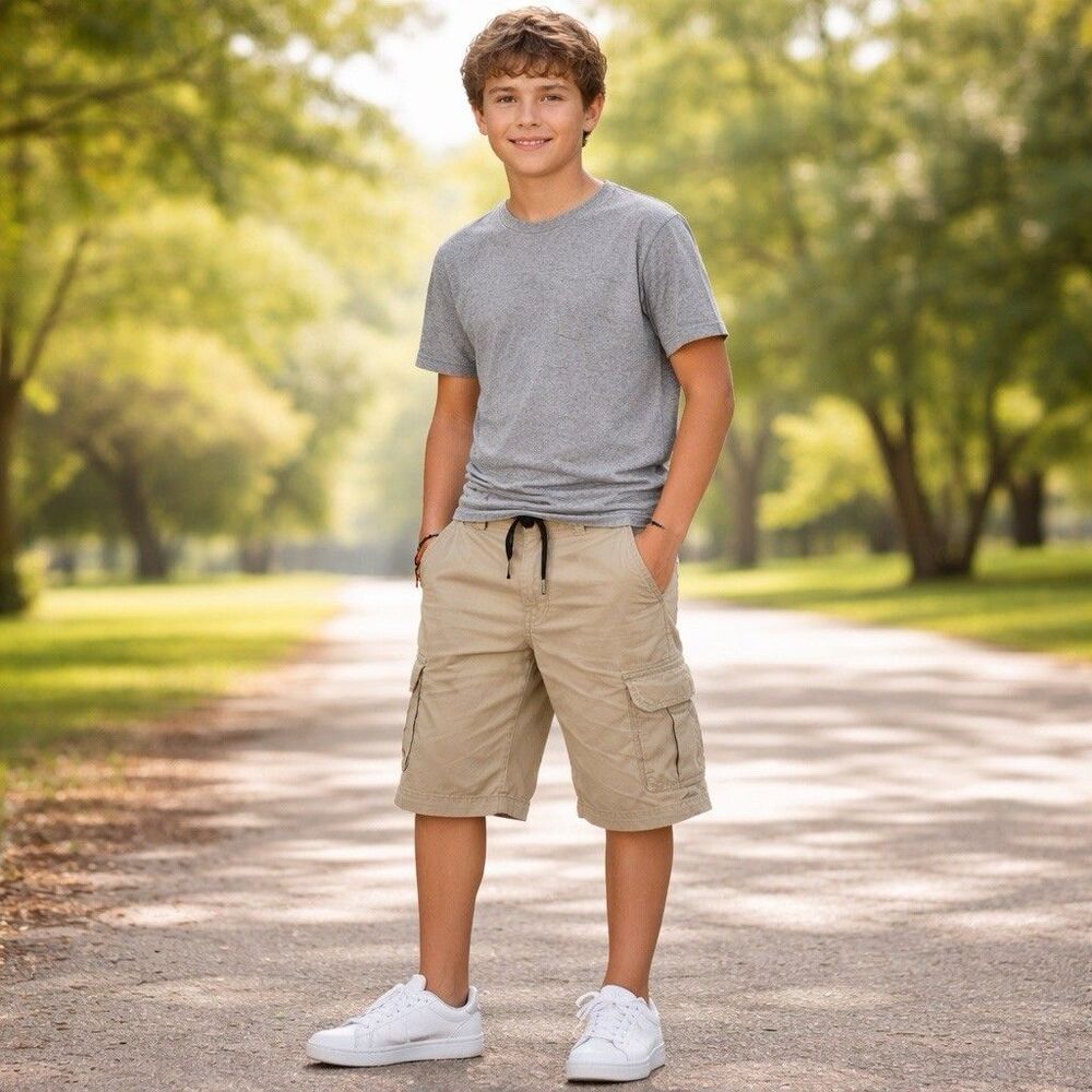 7 For All Mankind Boys L Khaki Cargo Shorts Elastic Waist Drawstring Cotton